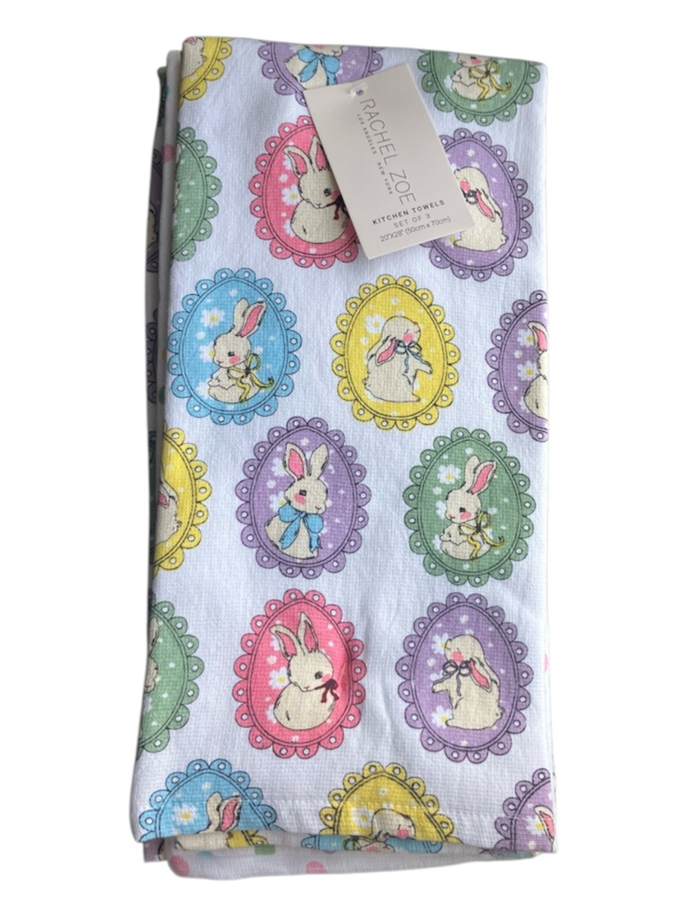 NEW Rachel Zoe Pastel Bunny Medallion Kitchen Towel Set of 3 Easter Spring